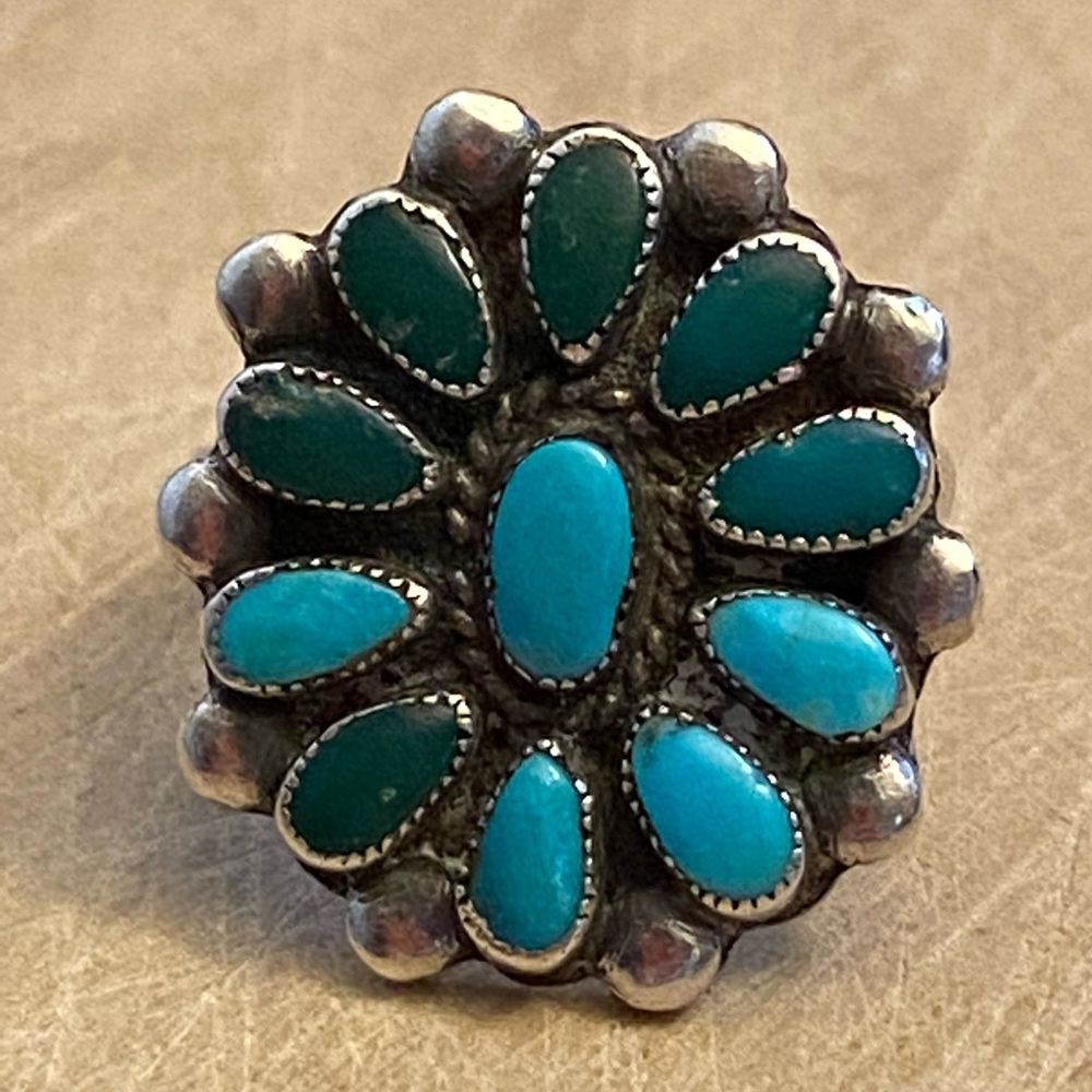Vintage Zuni turquoise squash blossom silver ring by Raymond Quam